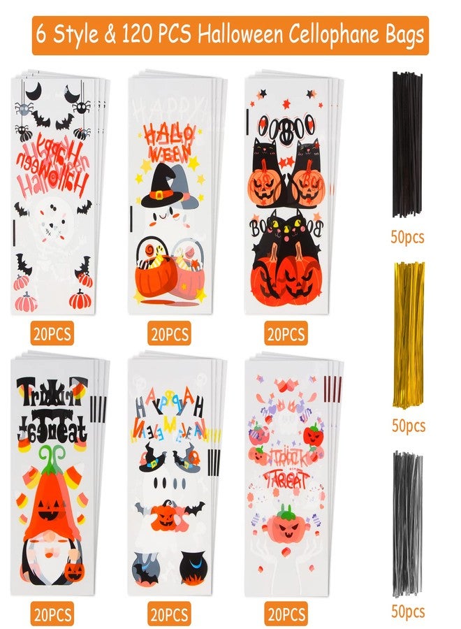 LOKIPA 120PCS Halloween Cellophane Treat Bags, 6 Styles Halloween Cellophane Candy Bags with 150 Twist Ties for Trick or Treat Party Favors - Image 4